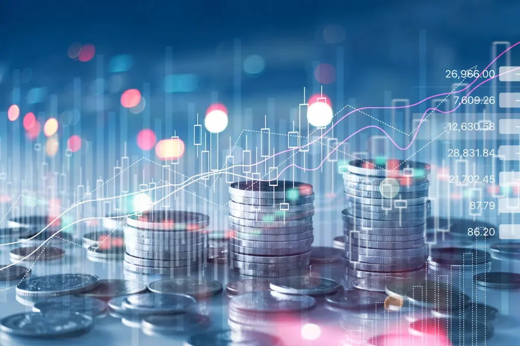 Financial Stock Market Graph and Rows of Coins Growth
