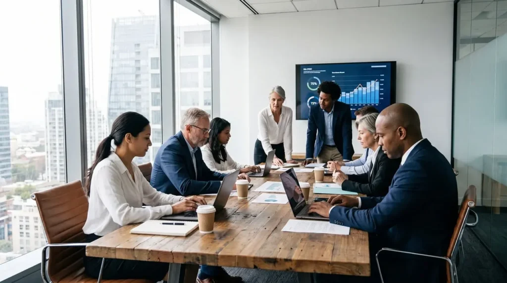 A Business Team Meeting with a Presentation Screen and Laptops